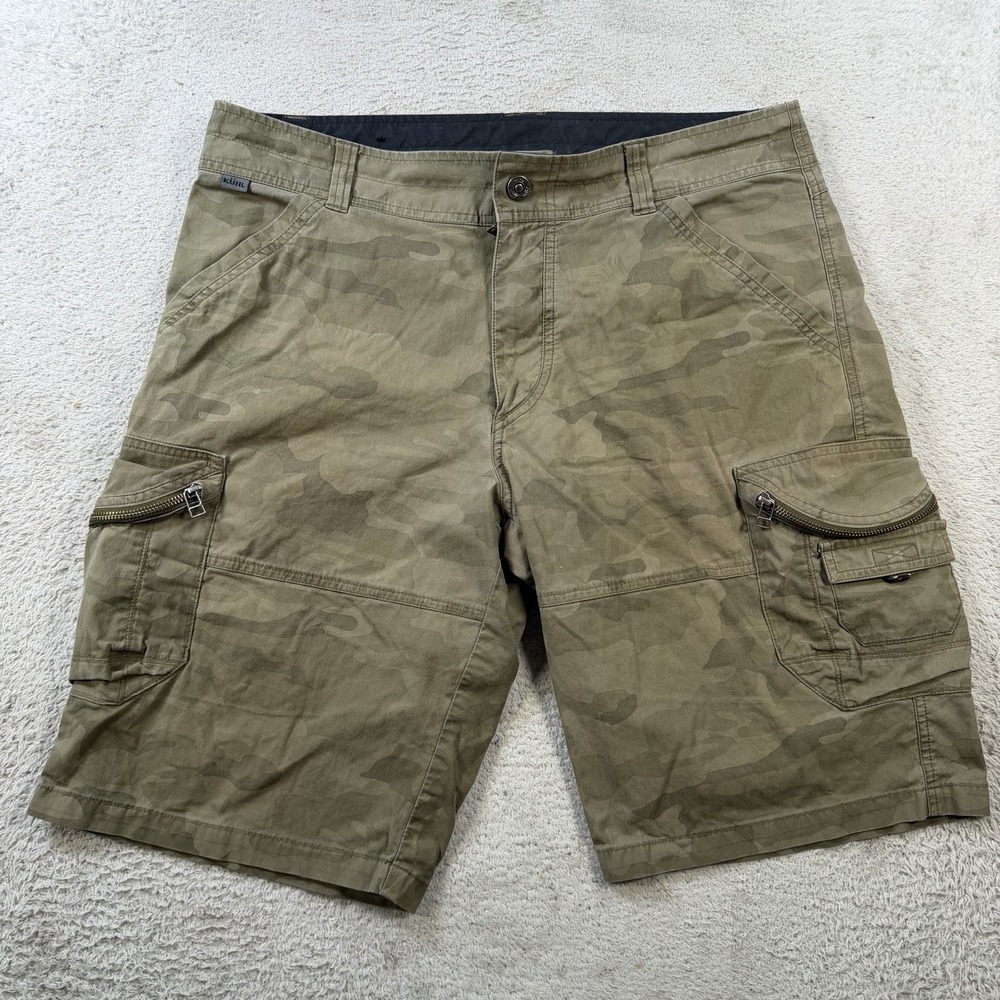 Kuhl Shorts Mens 36 Ambush Green Cargo Camo Hiking Camo 11" Patina Dye Outdoor